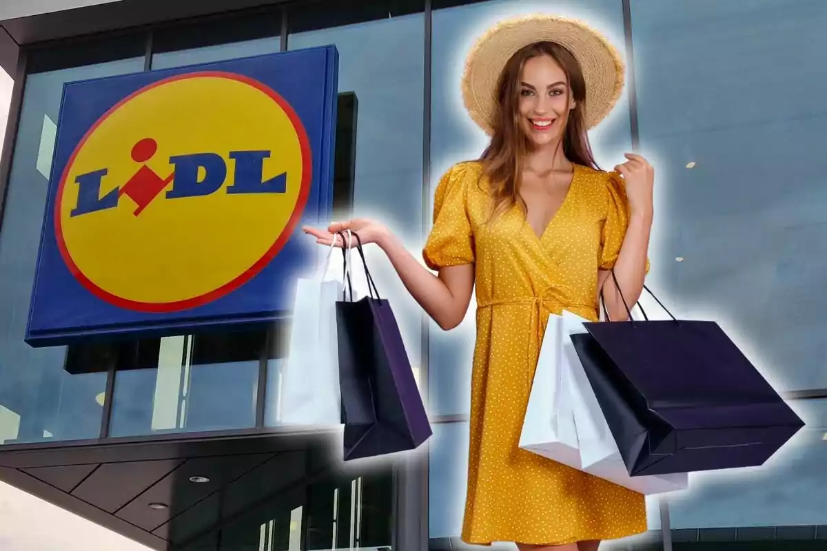 Una dona amb barret i vestit groc sosté diverses bosses de compres davant d'una botiga Lidl.