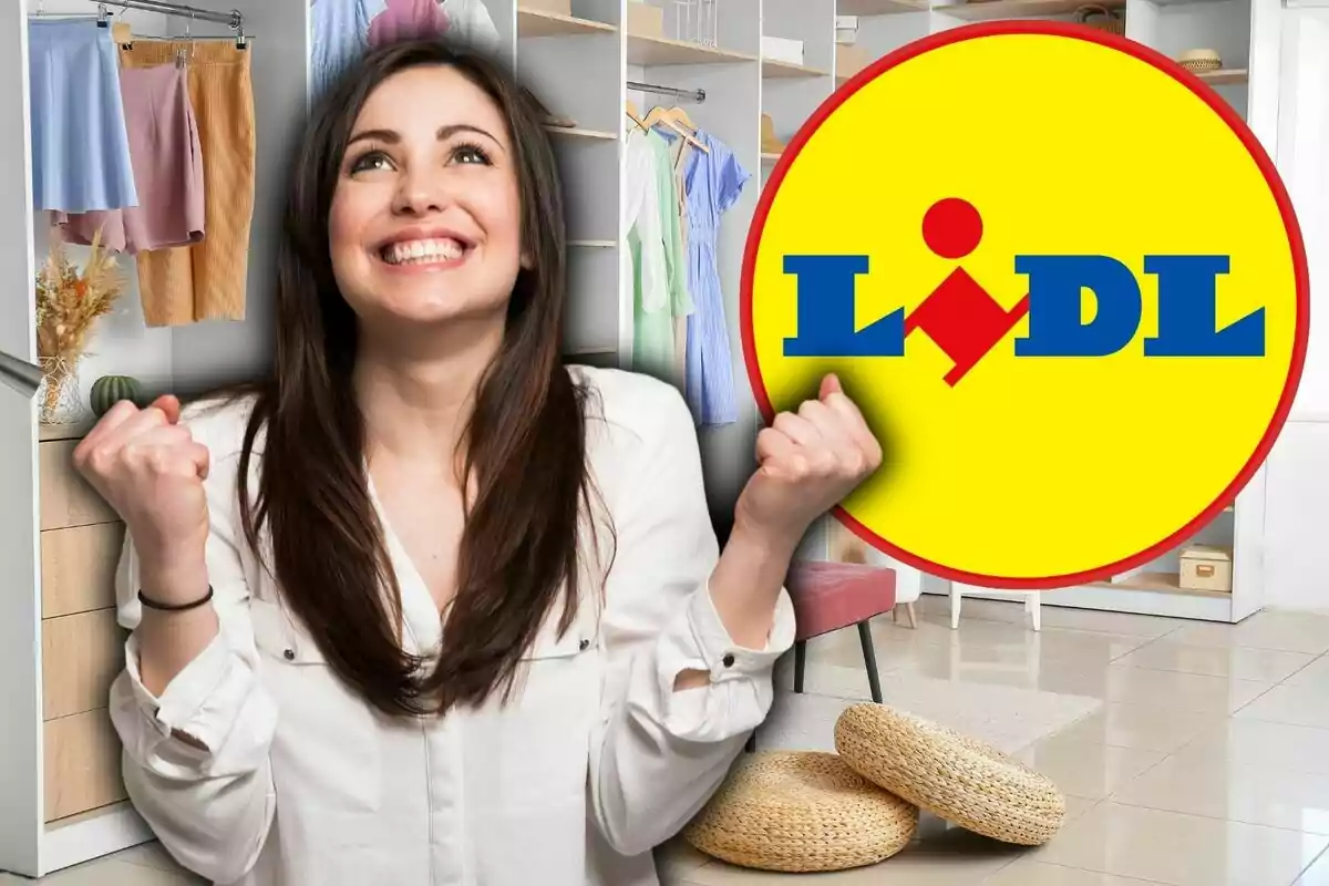 Una dona somrient amb els punys alçats en senyal de celebració està davant d'un armari ple de roba, al costat del logotip de Lidl.