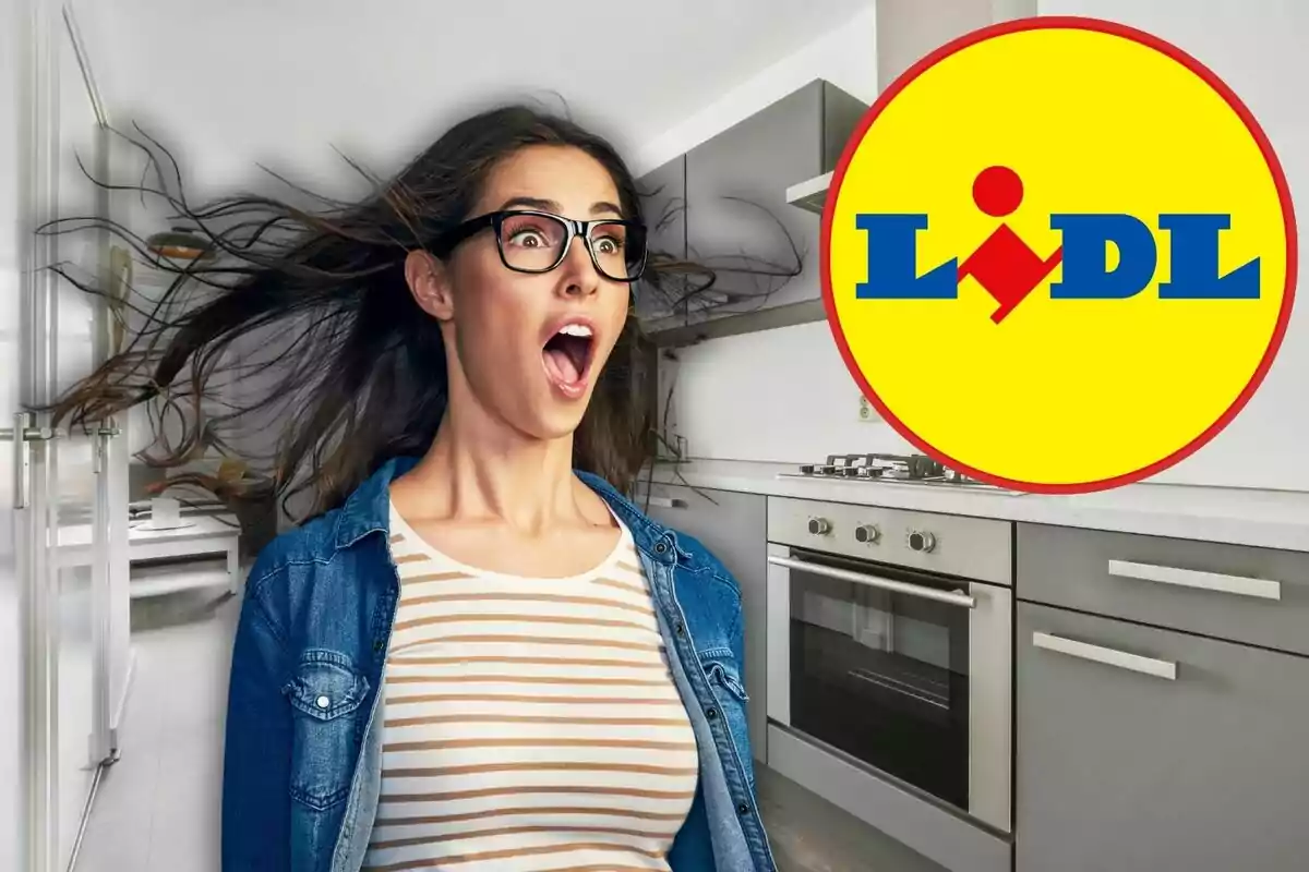 Una dona amb expressió de sorpresa en una cuina moderna al costat del logotip de Lidl.