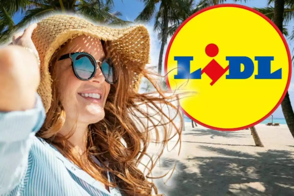 Dona somrient amb barret de palla i ulleres de sol a la platja amb el logotip de Lidl al costat.