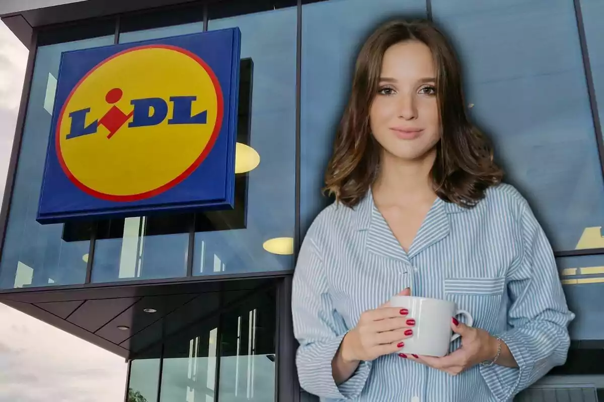 Una dona amb una tassa a la mà davant d'un edifici amb el logotip de Lidl.