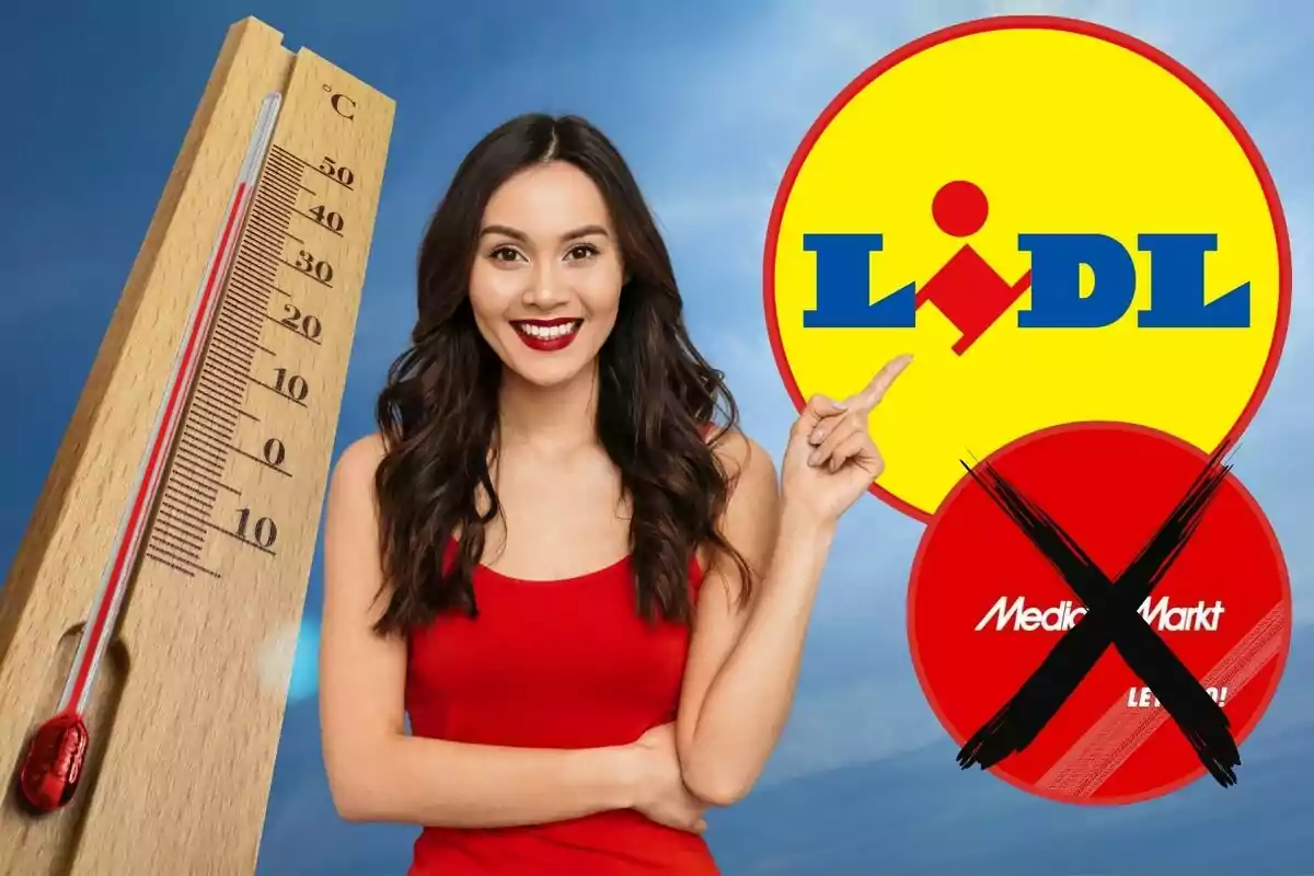 Una dona somrient amb vestit vermell assenyala el logotip de Lidl mentre un termòmetre marca una temperatura alta i el logotip de MediaMarkt apareix ratllat amb una X negra.