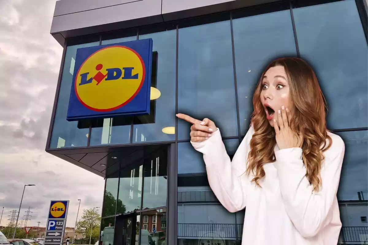 Dona sorpresa assenyalant el logotip de Lidl