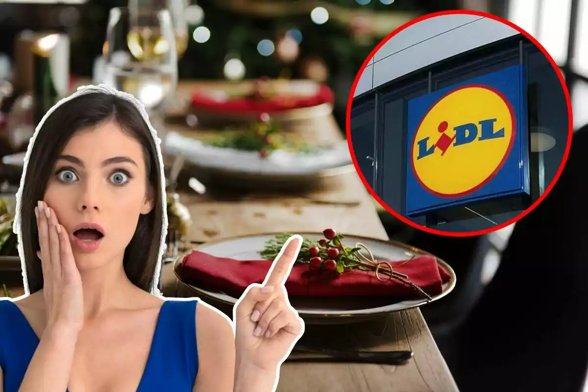 Una dona sorpresa assenyala cap a un logotip de Lidl en un cercle vermell, amb una taula elegantment decorada al fons.