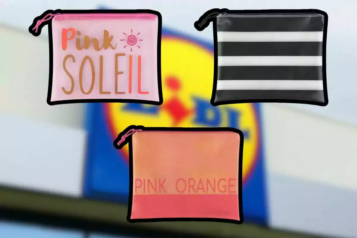 Tres estoigs de colors diferents amb dissenys variats davant d’un rètol borros d’una botiga Tres estoigs de colors diferents amb dissenys variats davant d’un rètol borros d’una botiga
