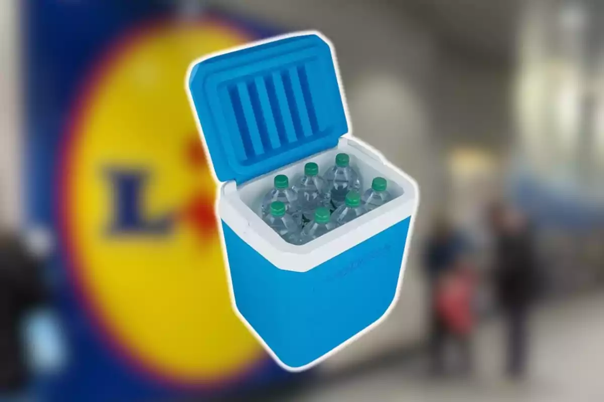 Muntatge amb el logotip de Lidl de fons i una nevera portàtil de color blau que venen a la mateixa cadena