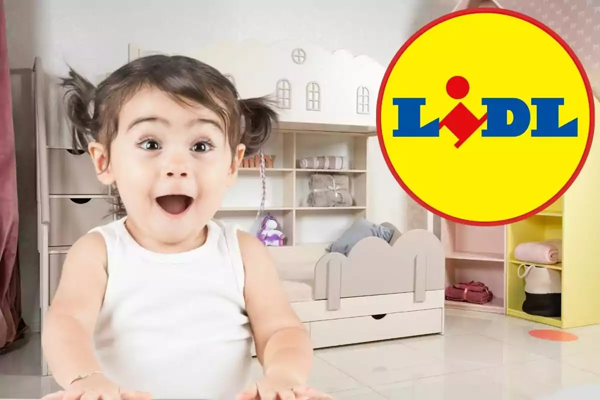 Una nena amb expressió de sorpresa en una habitació infantil amb el logotip de Lidl a la cantonada. Una nena amb expressió de sorpresa en una habitació infantil amb el logotip de Lidl a la cantonada.