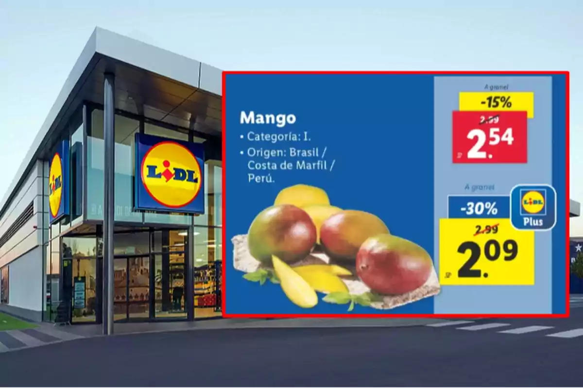 Façana d’un supermercat Lidl amb un cartell promocional de mangos que mostra descomptes i preus especials Façana d’un supermercat Lidl amb un cartell promocional de mangos que mostra descomptes i preus especials