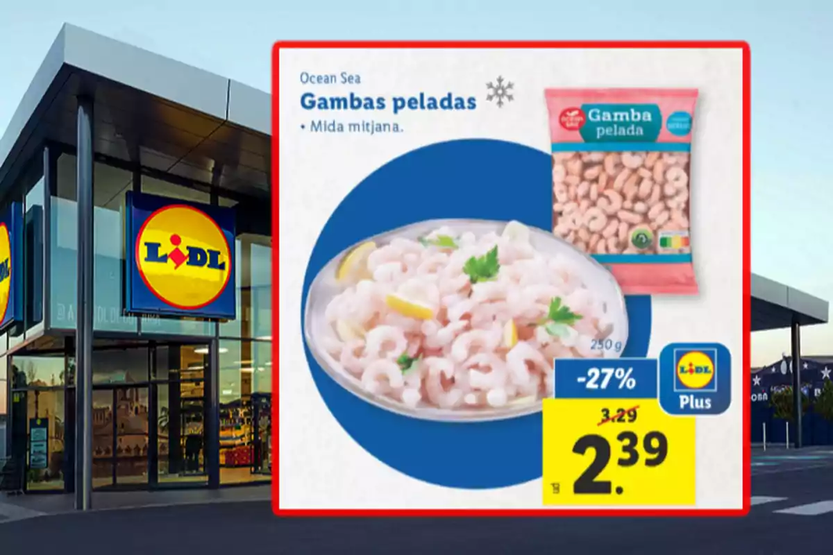 La imatge mostra una oferta de gambes pelades de la marca Ocean Sea en un supermercat Lidl amb un descompte del 27% i un preu final de 2,39 euros.