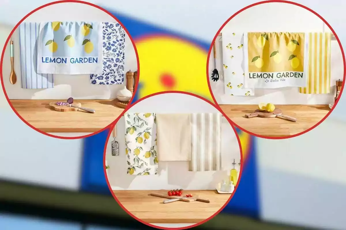 Tres imatges circulars mostren diferents tovalloles de cuina penjades sobre un taulell de fusta, cadascuna amb dissenys de llimones i patrons florals o de ratlles, acompanyades d'utensilis de cuina i decoracions com llimones i tomàquets.
