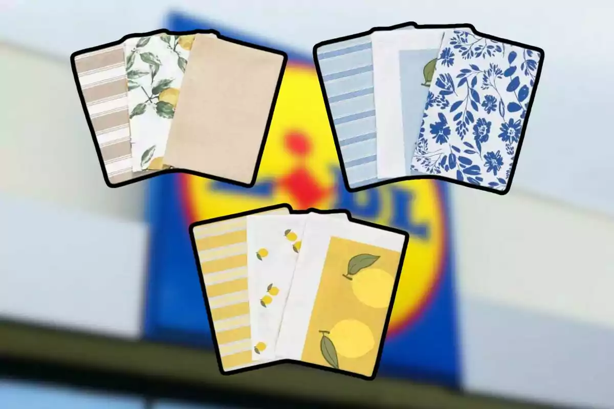 Tres jocs de draps de cuina amb dissenys variats, incloent-hi ratlles, flors i llimones, es presenten sobre un fons desenfocat d'un logotip de supermercat.