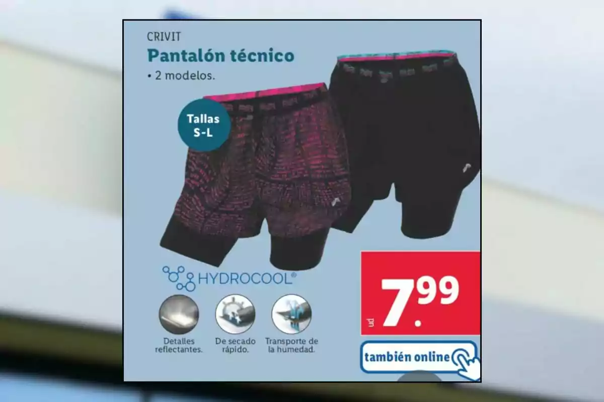 Imatge d'un anunci de pantalons tècnics Crivit amb dos models disponibles en talles S-L, característiques com detalls reflectants, assecat ràpid i transport d'humitat, i un preu de 7,99 euros, disponible també en línia. Imatge d'un anunci de pantalons tècnics Crivit amb dos models disponibles en talles S-L, característiques com detalls reflectants, assecat ràpid i transport d'humitat, i un preu de 7,99 euros, disponible també en línia.
