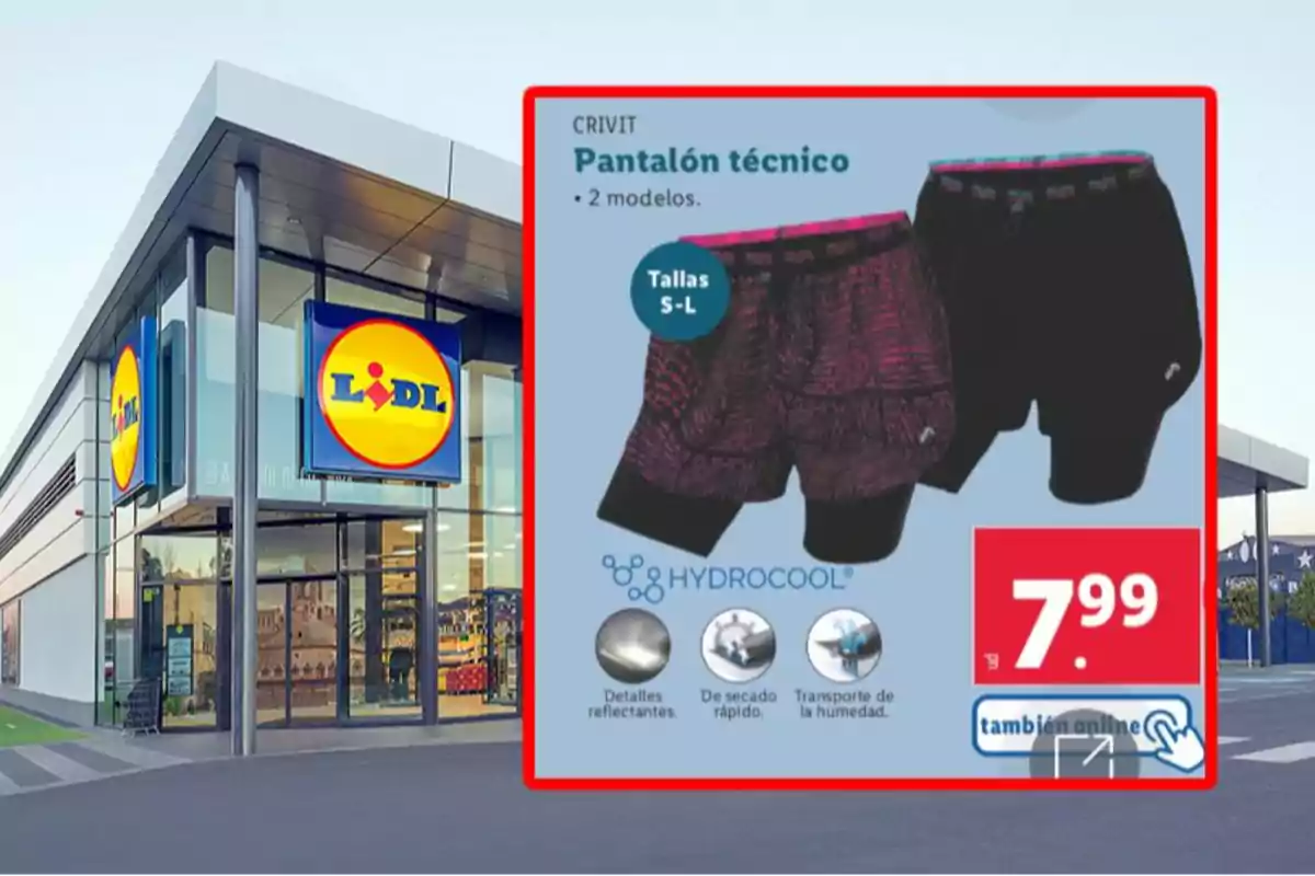 Imatge d'una botiga Lidl amb un cartell promocional de pantalons tècnics Crivit en dos models, disponibles en talles S a L, amb característiques com detalls reflectants, assecat ràpid i transport d'humitat, a un preu de 7,99 euros. Imatge d'una botiga Lidl amb un cartell promocional de pantalons tècnics Crivit en dos models, disponibles en talles S a L, amb característiques com detalls reflectants, assecat ràpid i transport d'humitat, a un preu de 7,99 euros.