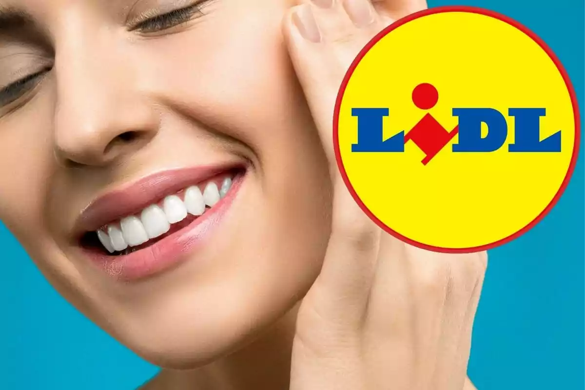 Una persona somrient amb el logotip de Lidl superposat.