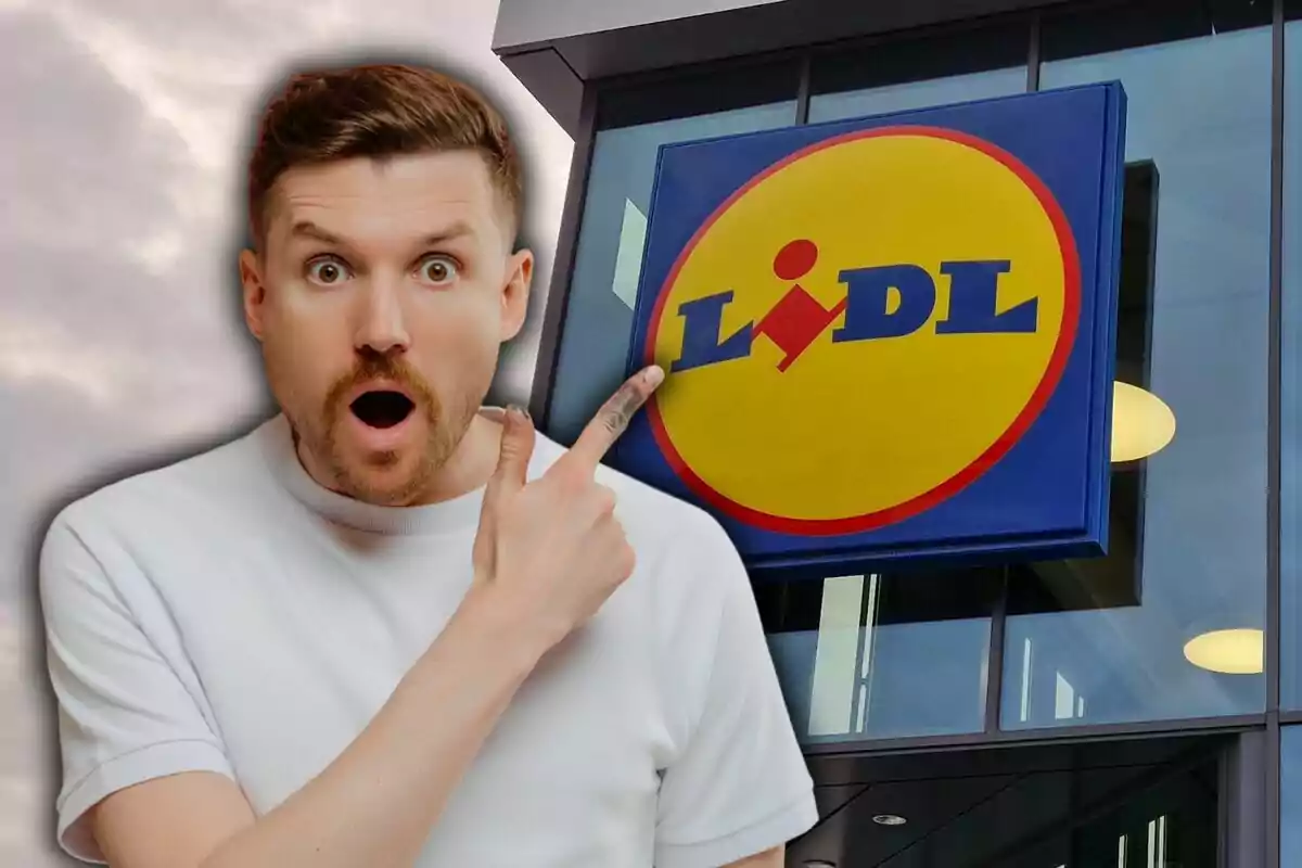 A surprised man points at the Lidl store logo on a modern building.