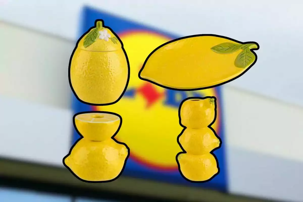 Objectes de ceràmica amb forma de llimona sobre un fons desenfocat d'un logotip. Objectes de ceràmica amb forma de llimona sobre un fons desenfocat d'un logotip.