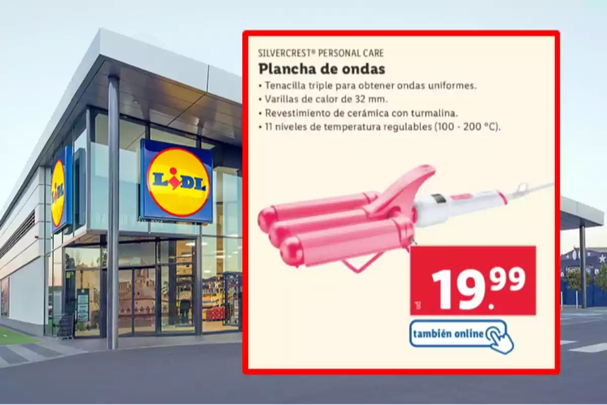 Façana d’una botiga Lidl amb un anunci d’una planxa d’ones per als cabells de la marca Silvercrest, destacant el seu preu de 19,99 euros i l’opció de compra en línia. Façana d’una botiga Lidl amb un anunci d’una planxa d’ones per als cabells de la marca Silvercrest, destacant el seu preu de 19,99 euros i l’opció de compra en línia.