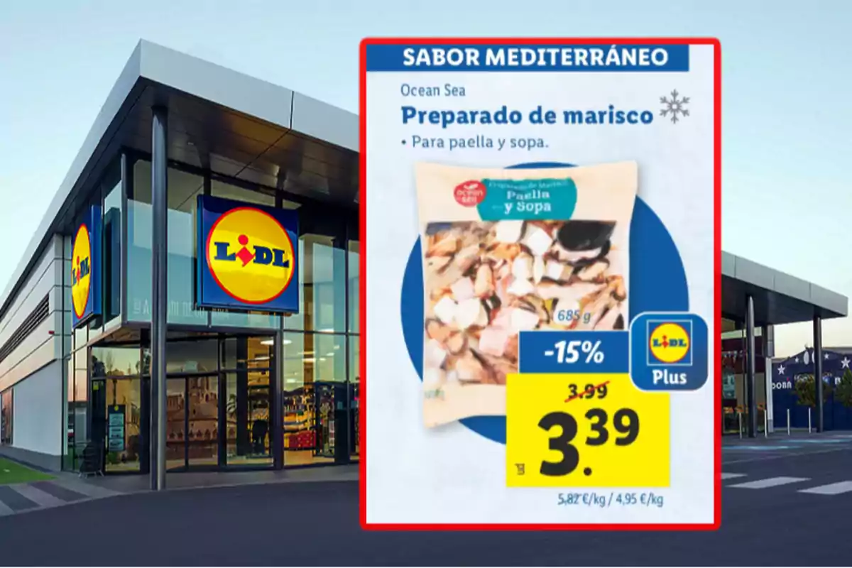 Imatge d'una botiga Lidl amb un anunci d'oferta de preparat de marisc per a paella i sopa de la marca Ocean Sea amb un descompte del 15% i un preu de 3,39 euros.