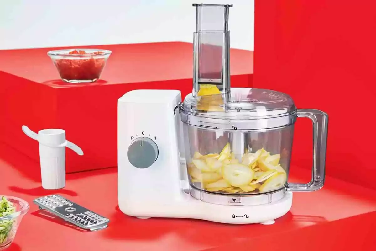 Processador d'aliments blanc amb rodanxes de patates al seu interior, acompanyat d'accessoris i un recipient amb salsa vermella sobre una superfície vermella. Processador d'aliments blanc amb rodanxes de patates al seu interior, acompanyat d'accessoris i un recipient amb salsa vermella sobre una superfície vermella.