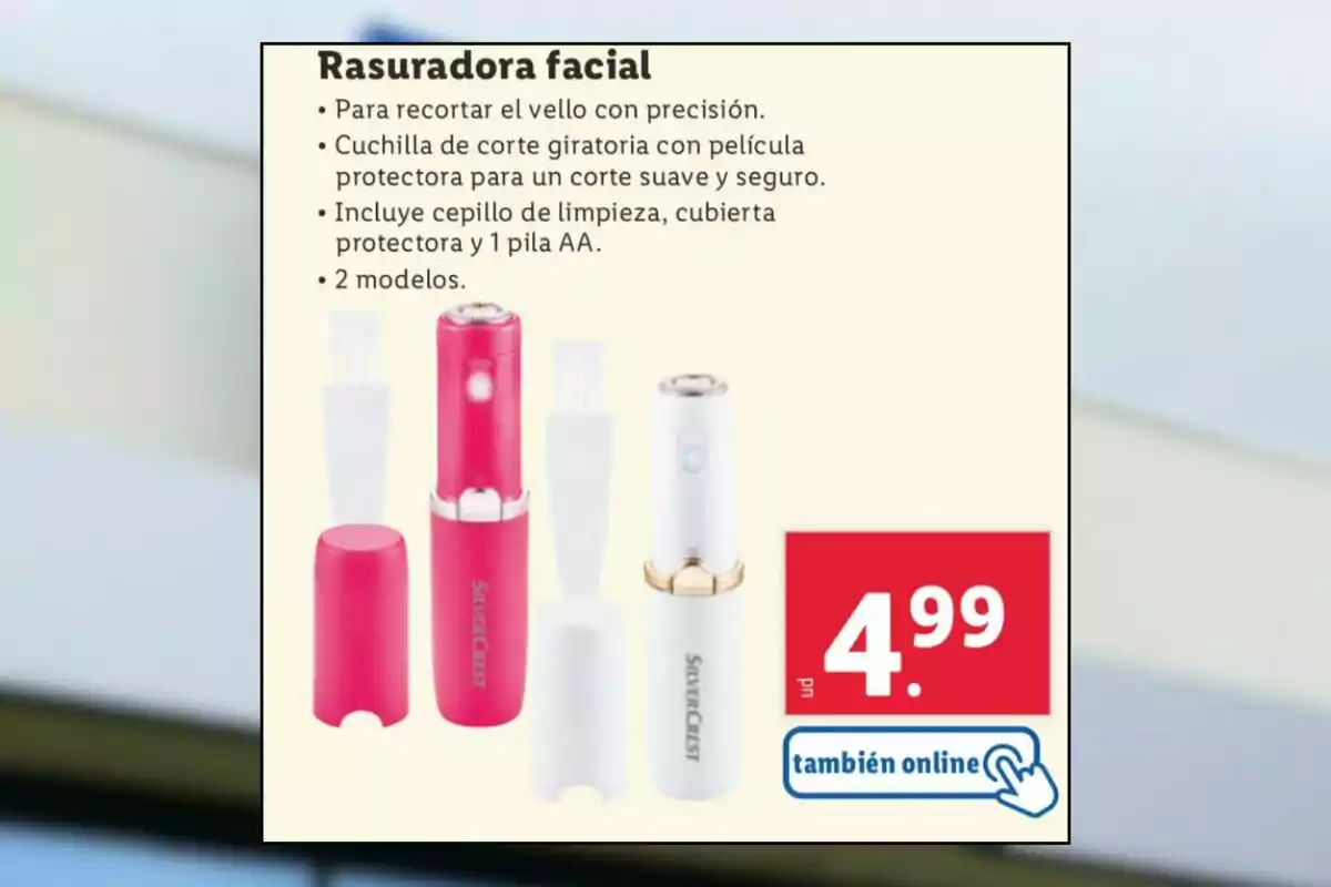 Afeitadora facial en colors rosa i blanc amb accessoris i preu de 4,99 euros disponible també en línia