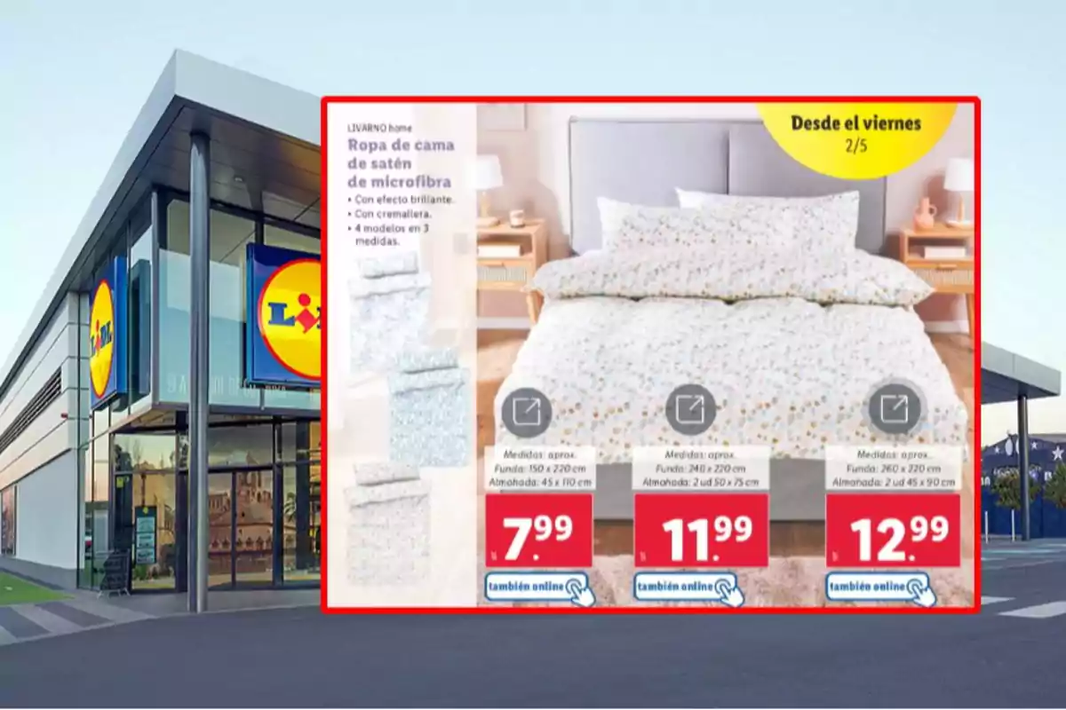 Promoció de roba de llit de setí de microfibra en una botiga Lidl, destacant diferents models i preus disponibles per a compra en línia. Promoció de roba de llit de setí de microfibra en una botiga Lidl, destacant diferents models i preus disponibles per a compra en línia.