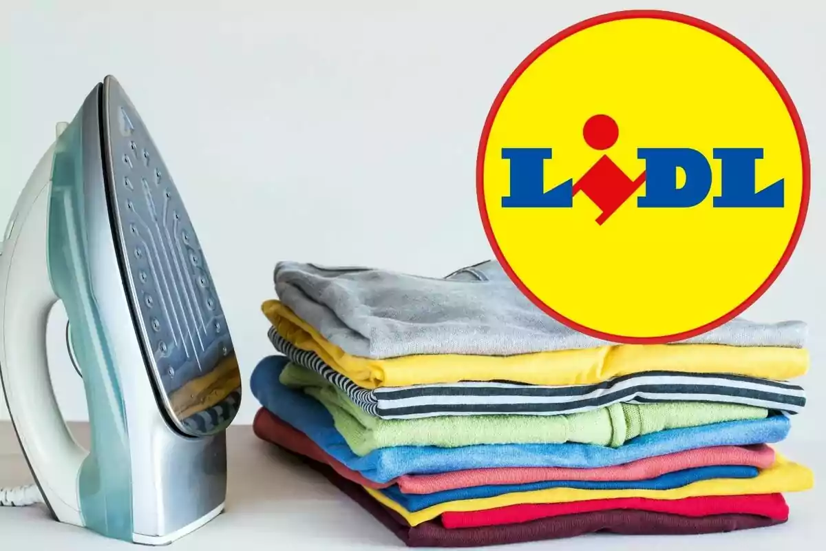 Una planxa amb una pila de roba doblegada de diversos colors i el logotip de Lidl.