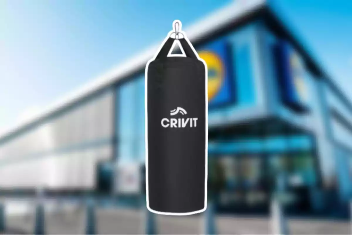 Sac de boxa Crivit davant d'un edifici modern. Sac de boxa Crivit davant d'un edifici modern.