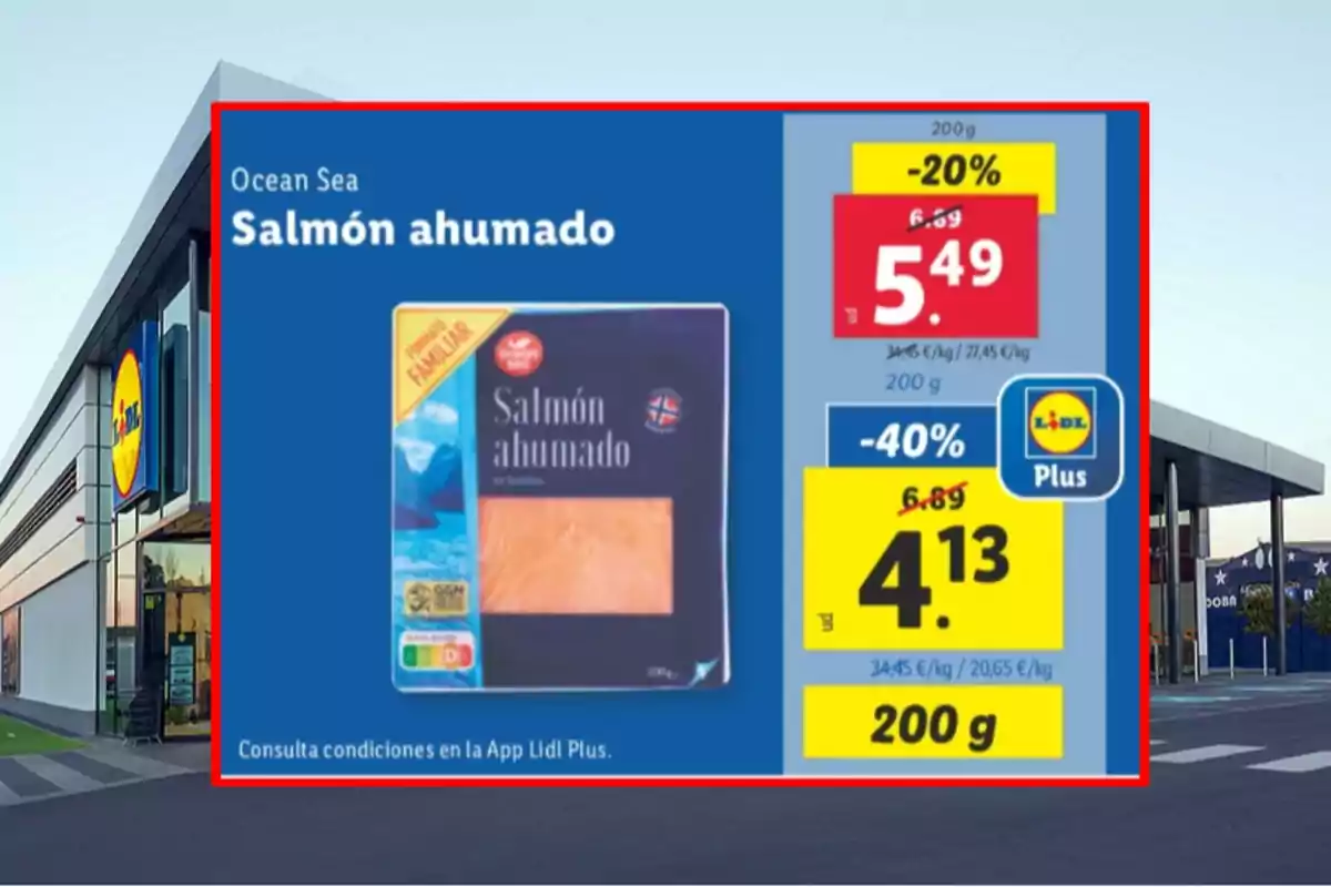Oferta de salmó fumat Ocean Sea en envàs de 200 grams amb descompte del 40 per cent per a usuaris de Lidl Plus, preu rebaixat a 4,13 euros, imatge presa davant d’una botiga Lidl Oferta de salmó fumat Ocean Sea en envàs de 200 grams amb descompte del 40 per cent per a usuaris de Lidl Plus, preu rebaixat a 4,13 euros, imatge presa davant d’una botiga Lidl