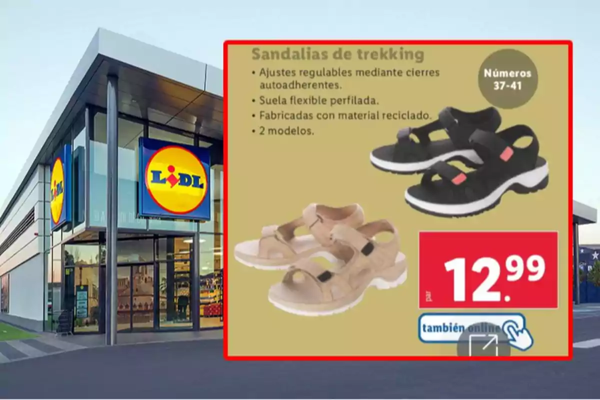 Imatge d'una botiga Lidl amb un anunci de sandàlies de trekking en dos colors, beix i negre, amb característiques com ajustaments regulables, sola flexible i material reciclat, disponibles en talles 37 a 41, a un preu de 12,99 euros. Imatge d'una botiga Lidl amb un anunci de sandàlies de trekking en dos colors, beix i negre, amb característiques com ajustaments regulables, sola flexible i material reciclat, disponibles en talles 37 a 41, a un preu de 12,99 euros.