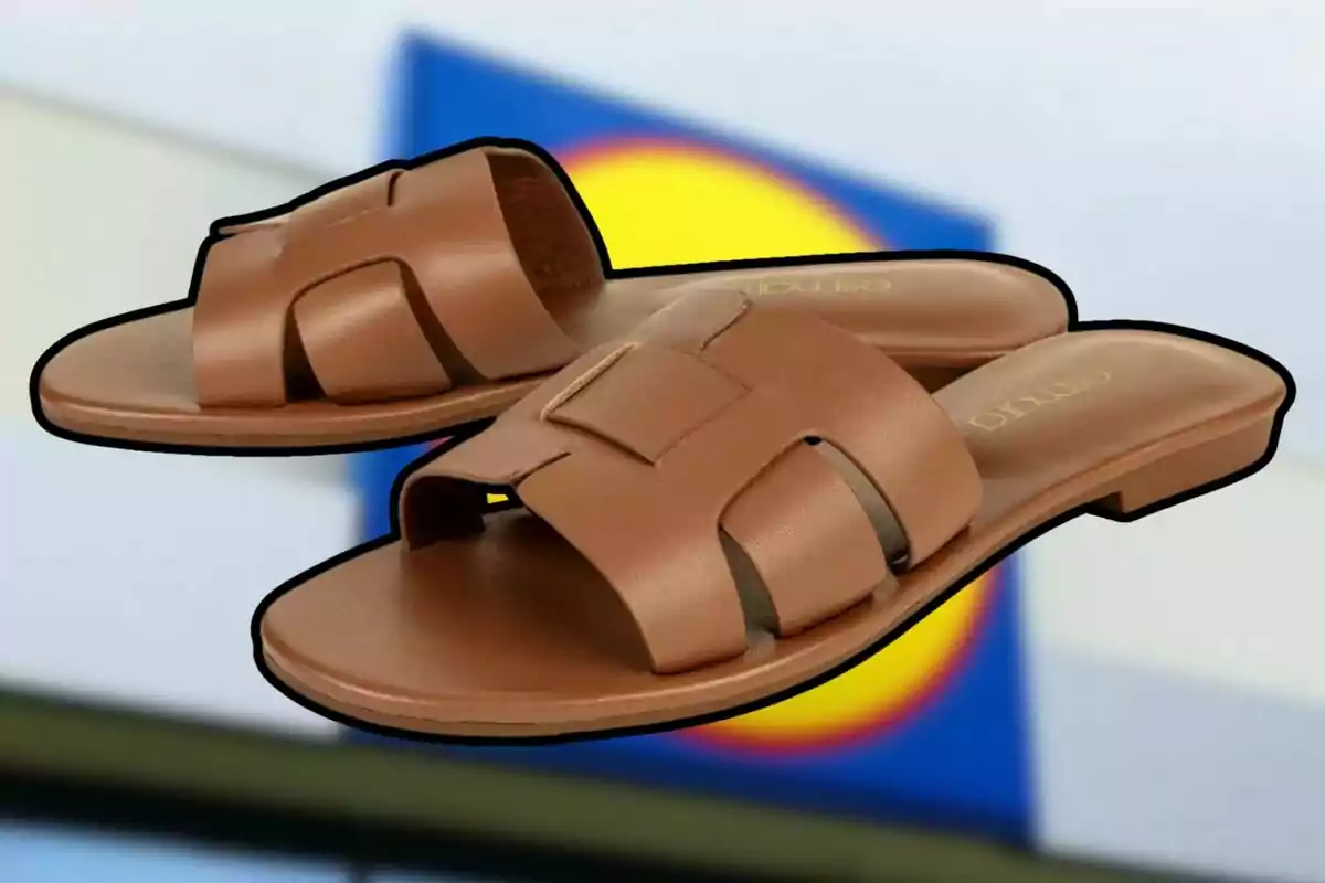 Un parell de sandàlies marrons de cuir amb disseny entrellaçat, amb un fons desenfocat que mostra un logotip colorit. Un parell de sandàlies marrons de cuir amb disseny entrellaçat, amb un fons desenfocat que mostra un logotip colorit.