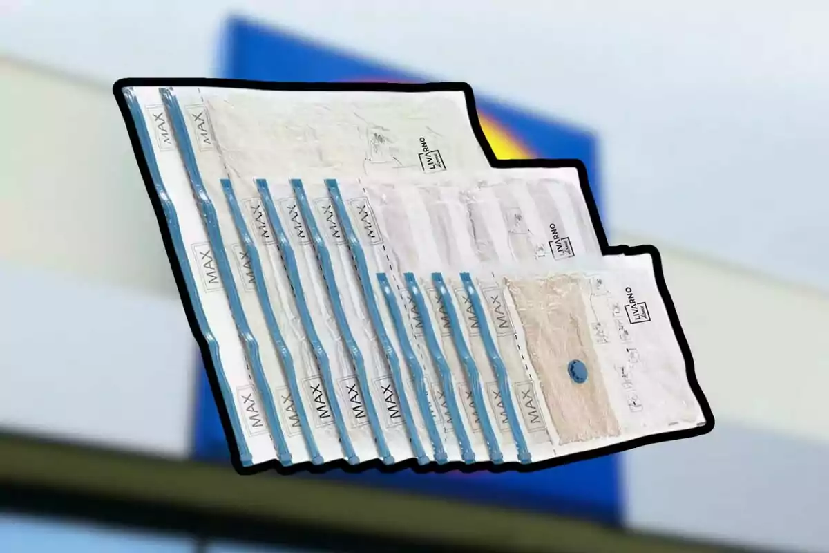Un conjunt de mopes de neteja empaquetats en bosses de plàstic transparents amb vores blaves i etiquetes que diuen Un conjunt de mopes de neteja empaquetats en bosses de plàstic transparents amb vores blaves i etiquetes que diuen