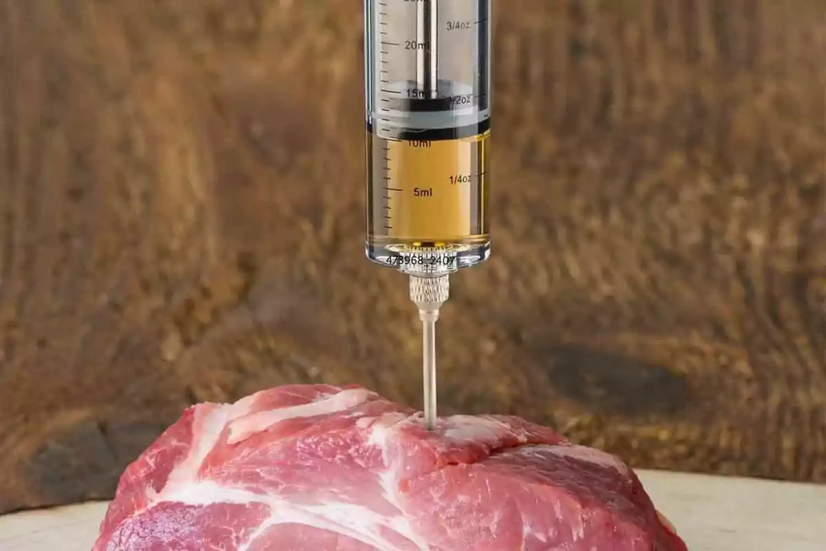 Una xeringa injectant líquid en un tros de carn sobre una superfície de fusta. Una xeringa injectant líquid en un tros de carn sobre una superfície de fusta.