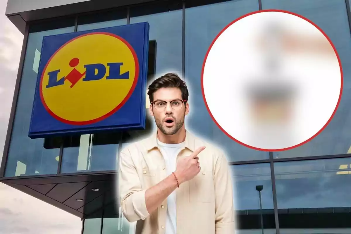 Home sorprès assenyalant un producte borrós davant d'una botiga Lidl.