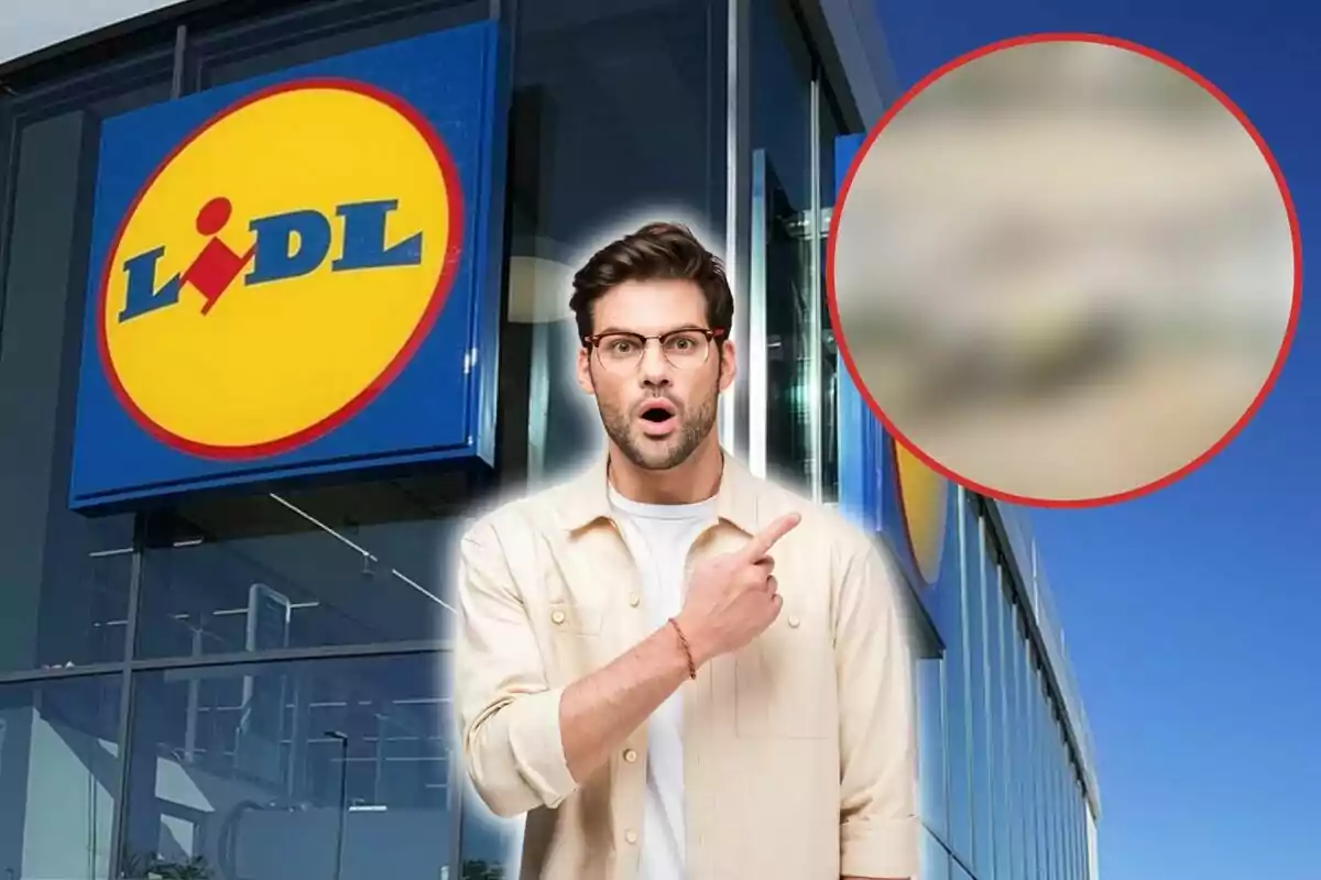 Un home amb expressió de sorpresa i assenyalant amb el dit, davant una botiga Lidl amb el logotip visible.