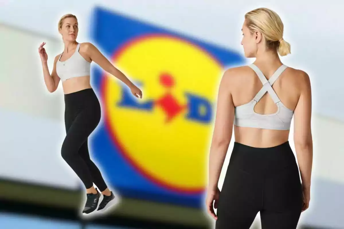 Una dona amb roba esportiva en diferents posicions davant d'un fons amb el logotip d'una botiga. Una dona amb roba esportiva en diferents posicions davant d'un fons amb el logotip d'una botiga.