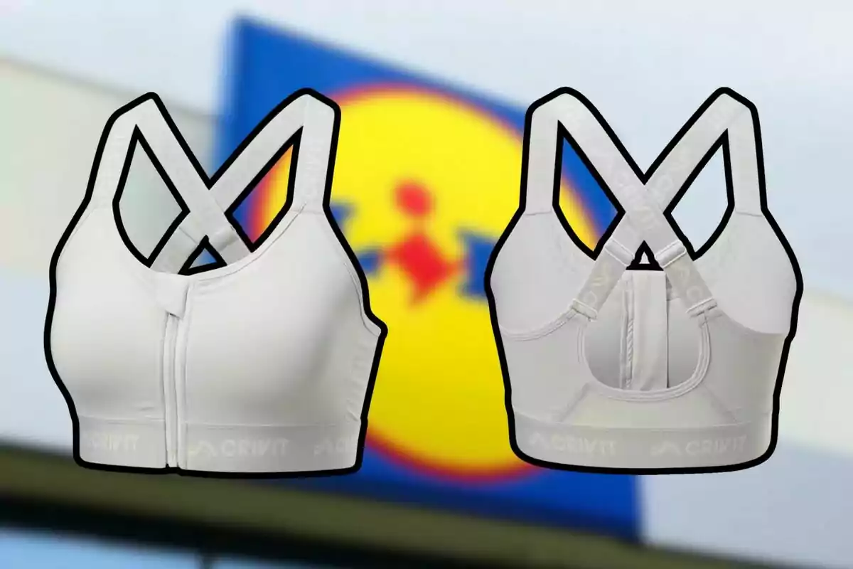 Sostenidors esportius blancs de la marca Crivit amb disseny d'esquena creuada, sobre un fons desenfocat amb colors blau i groc. Sostenidors esportius blancs de la marca Crivit amb disseny d'esquena creuada, sobre un fons desenfocat amb colors blau i groc.