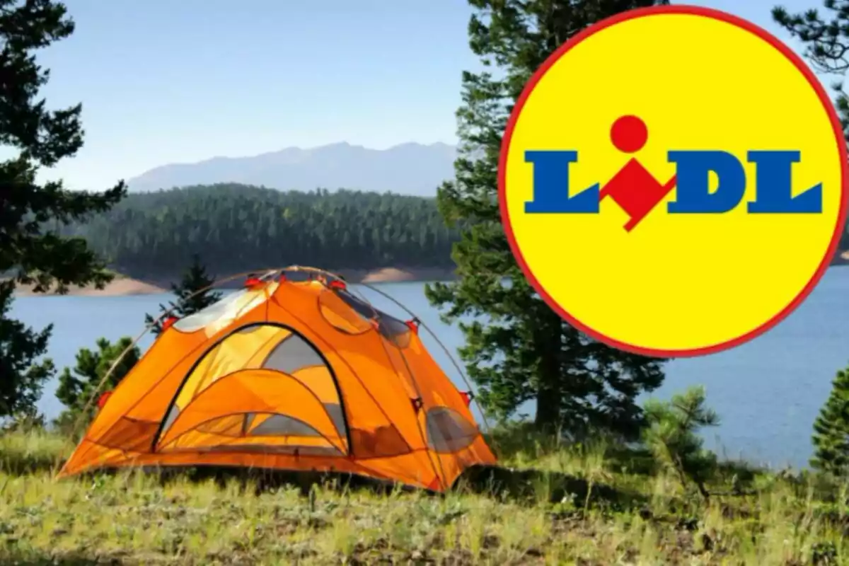 Una tenda de campanya taronja en un entorn natural al costat d'un llac amb el logotip de Lidl superposat a la cantonada superior dreta. Una tenda de campanya taronja en un entorn natural al costat d'un llac amb el logotip de Lidl superposat a la cantonada superior dreta.