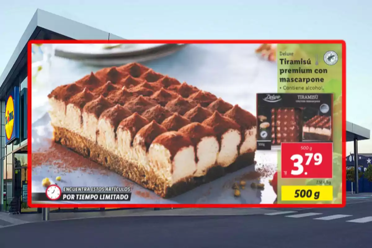 Promoció de tiramisú premium amb mascarpone en un cartell publicitari de supermercat.