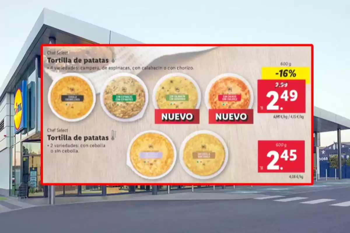 Promoció de truites de patates Chef Select en un supermercat, amb varietats com camperola, espinacs, carbassó i xoriço, destacant dues noves opcions i preus rebaixats. Promoció de truites de patates Chef Select en un supermercat, amb varietats com camperola, espinacs, carbassó i xoriço, destacant dues noves opcions i preus rebaixats.