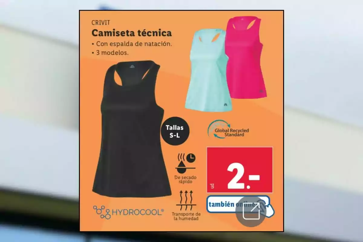 Publicitat de samarretes tècniques esportives per a dona en colors negre, blau clar i rosa, amb detalls d’assecat ràpid, transport d’humitat, talles S a L i preu de 2 euros Publicitat de samarretes tècniques esportives per a dona en colors negre, blau clar i rosa, amb detalls d’assecat ràpid, transport d’humitat, talles S a L i preu de 2 euros