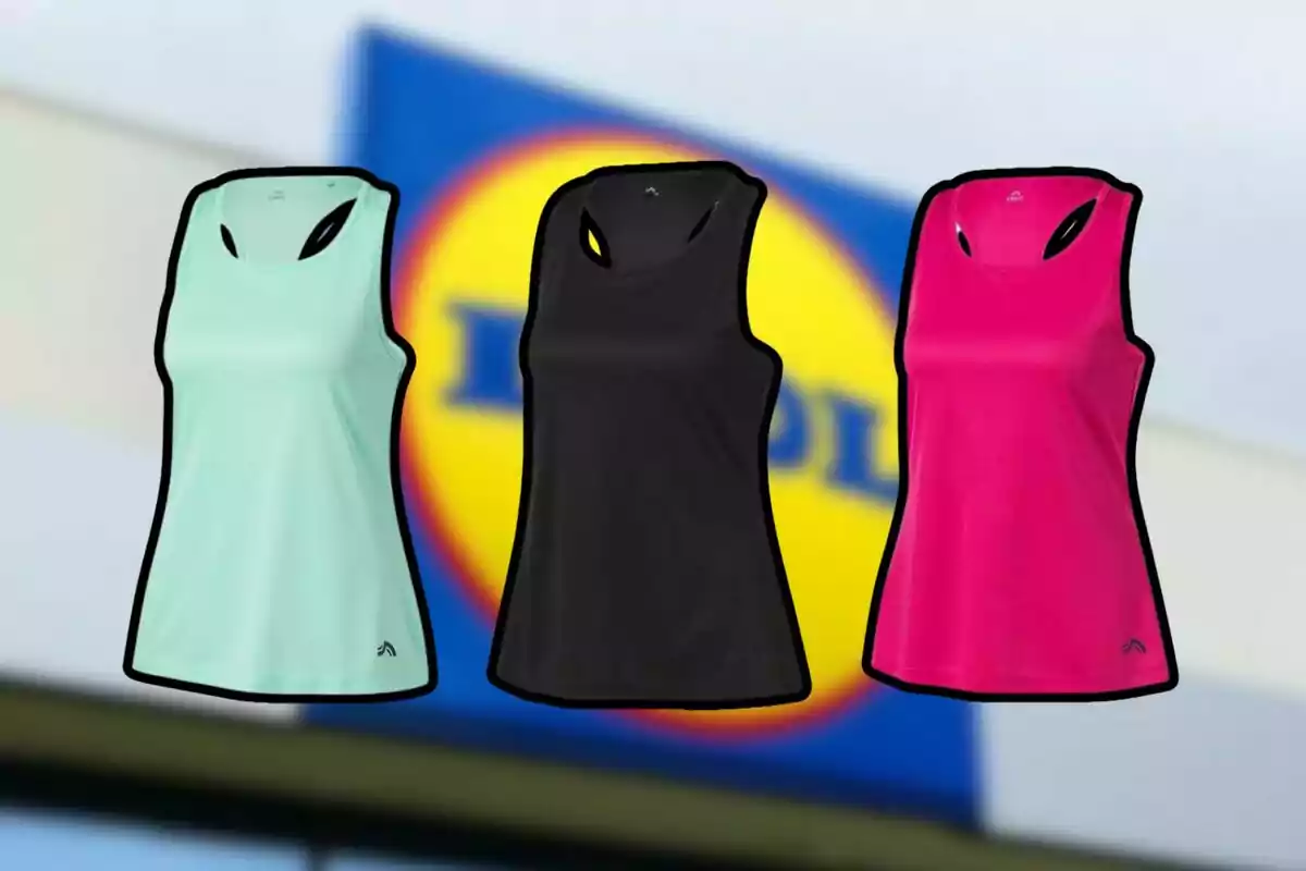 Tres samarretes esportives de tirants en colors verd clar, negre i rosa fúcsia amb el logotip d’una botiga desenfocat al fons Tres samarretes esportives de tirants en colors verd clar, negre i rosa fúcsia amb el logotip d’una botiga desenfocat al fons
