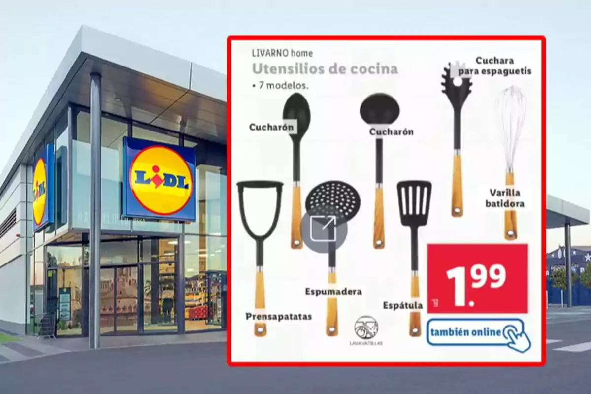 Imatge d'una botiga Lidl amb un cartell promocional d'utensilis de cuina Livarno Home que inclou cullerots, escumadora, premsapatates, espàtula, cullera per a espaguetis i vareta batedora, tots disponibles per 1,99 euros també en línia. Imatge d'una botiga Lidl amb un cartell promocional d'utensilis de cuina Livarno Home que inclou cullerots, escumadora, premsapatates, espàtula, cullera per a espaguetis i vareta batedora, tots disponibles per 1,99 euros també en línia.