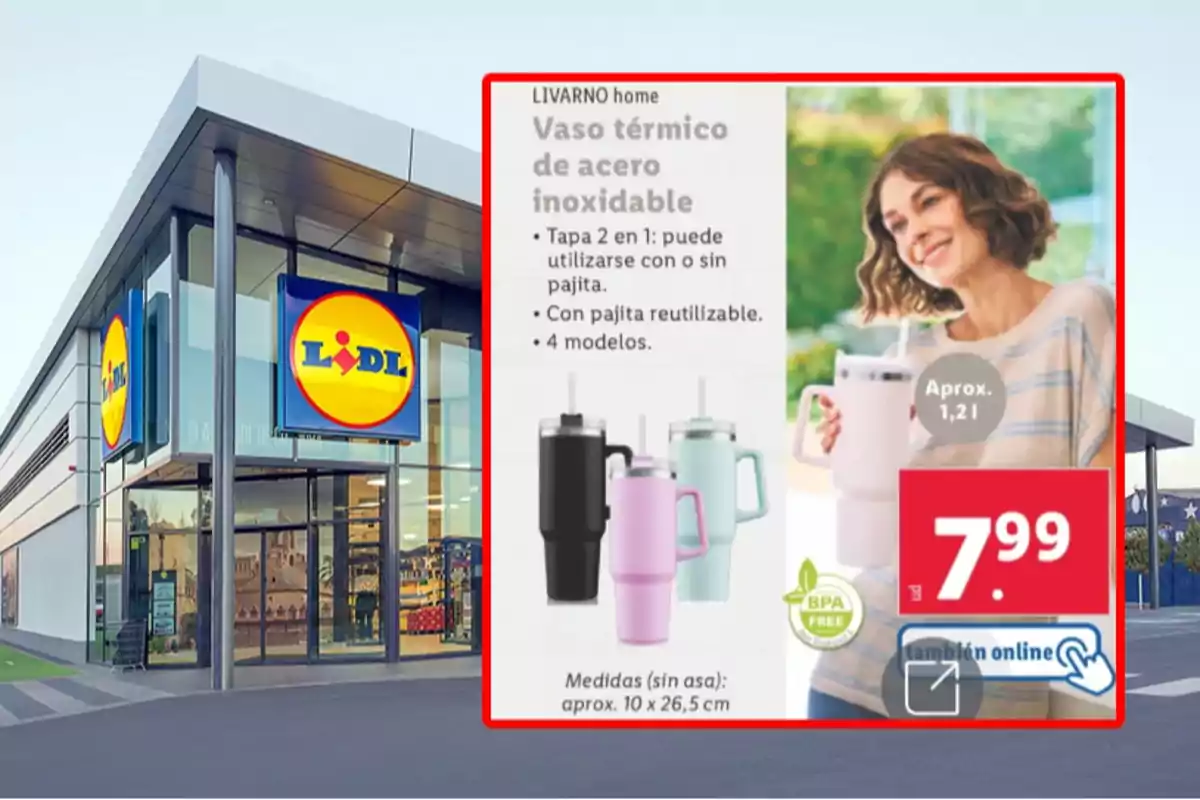 Façana d'una botiga Lidl amb un anunci de got tèrmic d'acer inoxidable en diversos colors, preu de 7,99 euros i opció de compra en línia Façana d'una botiga Lidl amb un anunci de got tèrmic d'acer inoxidable en diversos colors, preu de 7,99 euros i opció de compra en línia