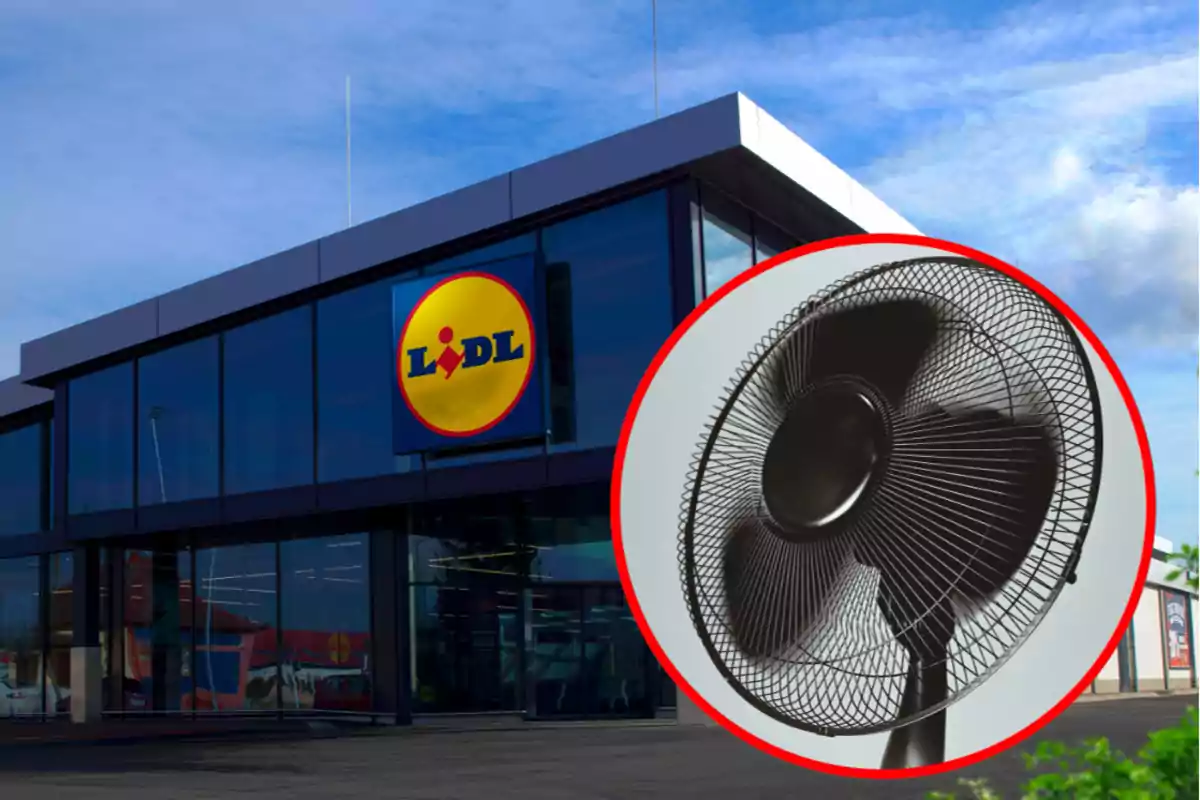 Imatge d´una botiga Lidl amb un ventilador en primer pla dins d´un cercle vermell.