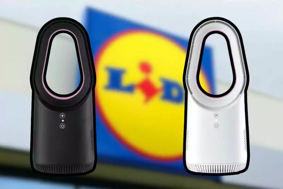 Dos ventiladors sense aspes, un de negre i un altre de blanc, davant d'un cartell de Lidl. Dos ventiladors sense aspes, un de negre i un altre de blanc, davant d'un cartell de Lidl.