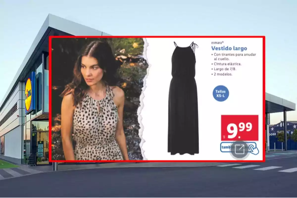 Una botiga Lidl amb un anunci d'un vestit llarg de la marca Esmara que costa 9,99 euros i està disponible en talles XS a L. Una botiga Lidl amb un anunci d'un vestit llarg de la marca Esmara que costa 9,99 euros i està disponible en talles XS a L.