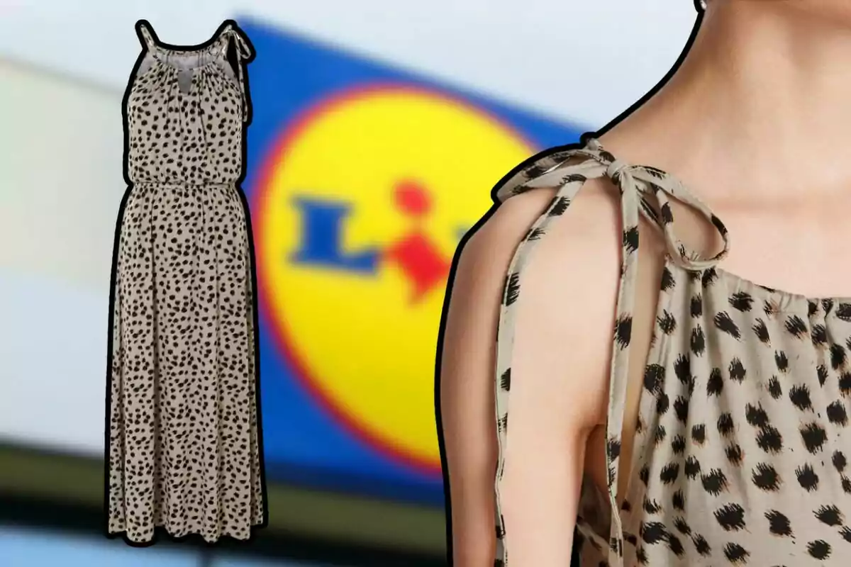 Un vestit amb estampat de taques negres sobre fons beix, amb tirants ajustables, es mostra en primer pla, mentre que al fons s'observa un logotip borros de una botiga. Un vestit amb estampat de taques negres sobre fons beix, amb tirants ajustables, es mostra en primer pla, mentre que al fons s'observa un logotip borros de una botiga.