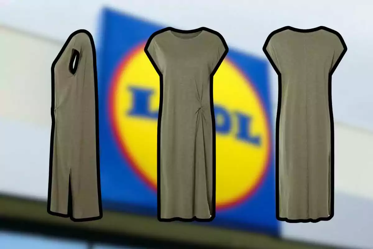 Un vestit verd oliva es mostra des de tres angles diferents davant d'un fons desenfocat amb un logotip blau i groc. Un vestit verd oliva es mostra des de tres angles diferents davant d'un fons desenfocat amb un logotip blau i groc.