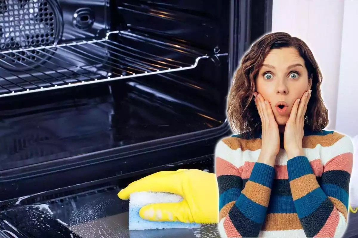 Noia sorpresa i persona netejant un forn