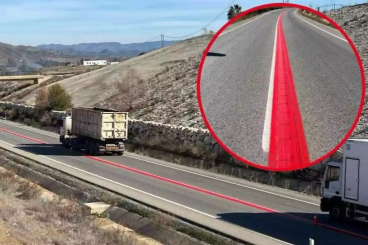 Imatge de fons d'una carretera amb una línia vermella al mig i una altra imatge detallada d'una d'aquestes línies vermelles pintada en una carretera